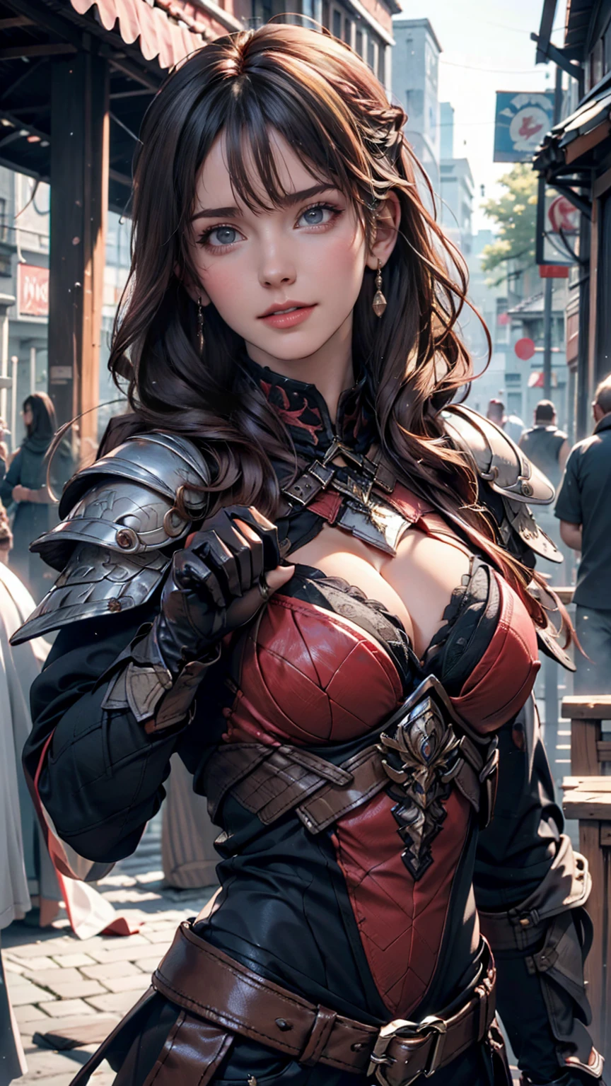 Lapisfe, One person, alone, View your viewers, blush, bangs, gloves, Upper Body, Braiding, hair band, Outdoor, Lips parted, null, Day, Raise your hand, Pink Eyes, armor, wood, Covered navel, Blurred Background, Place your hand on your chest, shoulder armor, side Braiding, breastplate, red armor