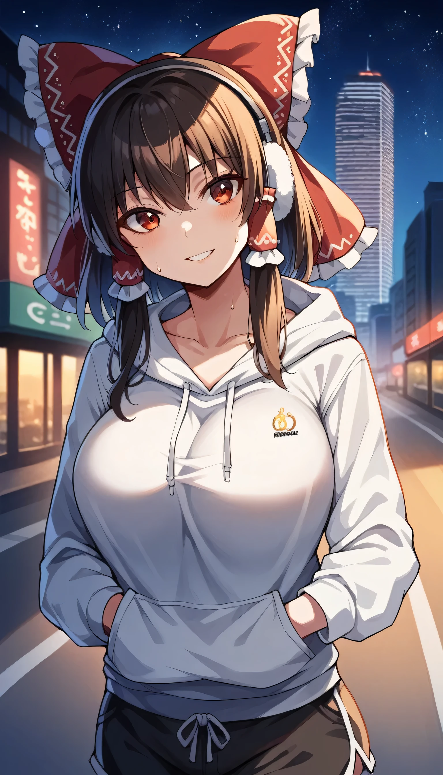 headphones, city, building, skyscraper, cityscape, earmuffs, night, 1girls, female focus, star \(sky\), solo, shoes,  street, city lights, outdoors, sky, hoodie, shorts, starry sky, night sky, sneakers, skyline, hood, road, tower,Looking at the viewer,large breast,breasts, 1girl, breast, solo, smile, sweat, collarbone, upper body, large breasts, close-up,hakurei_reimu,1girl,solo,hair bow,red bow,ascot,hair tubes,