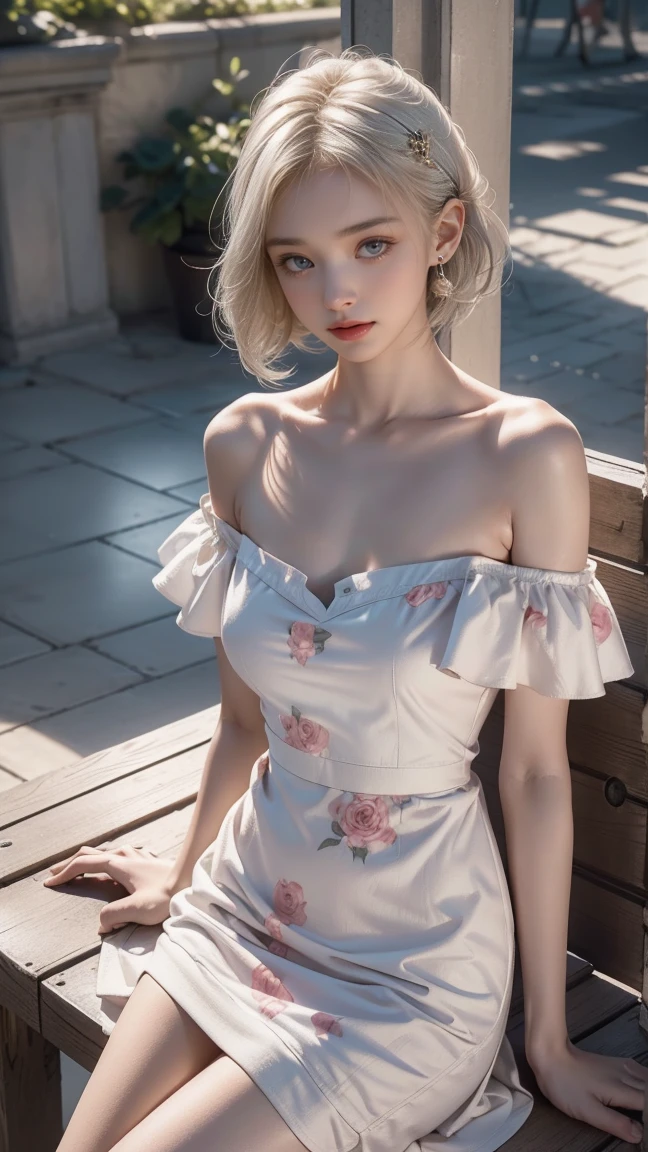 ((best quality)), photorealistic, photorealism, Photorealistic, high resolution, Beautiful, , 20 Years Old, White Skin, pale skin, thick body, Large Breasts, seductive pose, (Detailed face), short hair, bun hair, blonde hair, sexy body, (wearing strapless floral bodysuit, sexy bodysuit), cloths color based on pink), revealed thigh, Fingers are occluded, concrete city background, angle from back