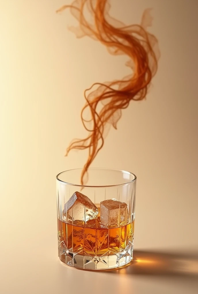 smaller short glass of wiskey with many cristal details and ice inside taking a realistic photo with beige background and in the air a brown tobacco outside of the glass without fire