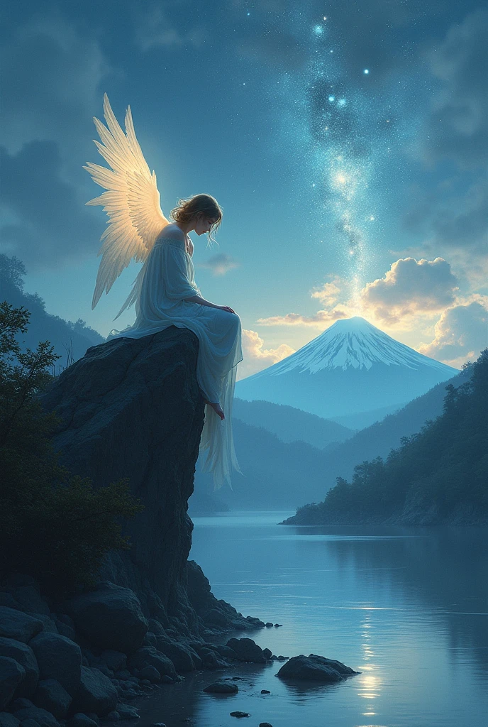 a sad angel, sitting on a large rock on the river bank at dusk, mt.fuji, Starry sky