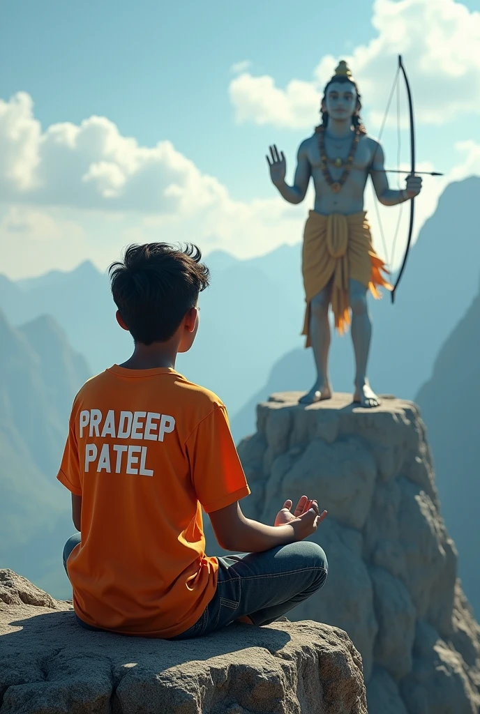Create 3d image of a age boy sitting on mountain in prayer before the Shri Ram Statue, receiving blessings directly from the statue and statue hanging arrow and bow on his backside. The overall image should exude aesthetic charm, with a scenic background, and the boy should be adorned in a saffron T-shirt proudly displaying the name "PRADEEP PATEL" in bold white letters.