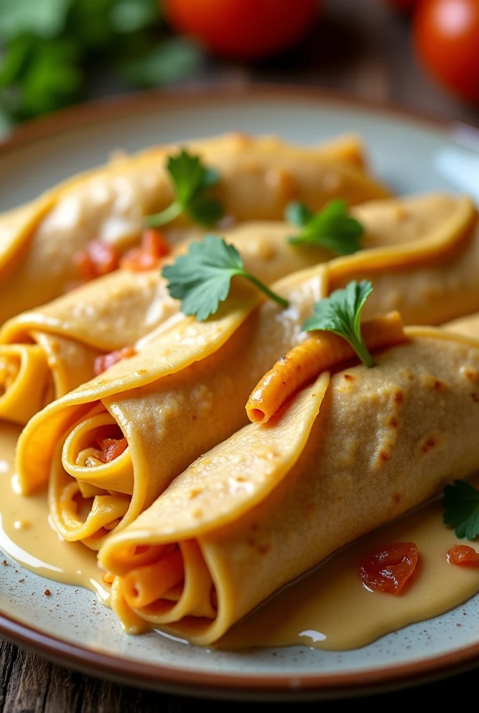 Fold pasta in tortillas with creamy sauce 

