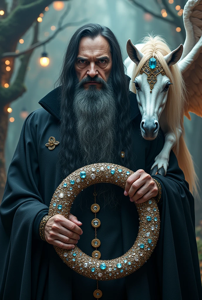 Create a wizard who looks like he's about 42 years old, with a sinister appearance very much in the style of witchcraft. Beside him, there should be "O" adorned with diamonds. , gems and precious jewels with a wizarding theme from Harry Potter, very eye-catching and elaborately styled. Next to him is a unicorn with large wings, looking peculiar. ,Intimidating yet fascinating and captivating, the background is a whimsical place.. The text is perfectly visible "OMEY" In the image. art style , finished luxury premiere , 8 k plus , Reality Max. all very well detailed