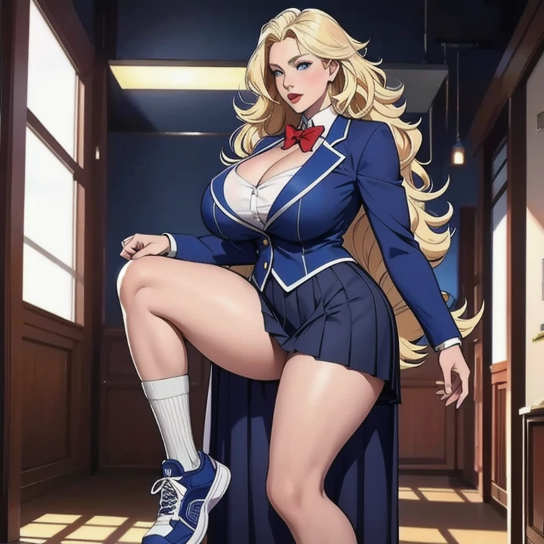 a college student with long curly blonde hair,blue colored eyes,fine lips ,Round face,wearing a dark blue suit and gray pleated skirt in a private school style,huge breasts with cleavage,wide hip,white socks up to the thighs,wearing red tennis shoes,popular girl,university corridor setting