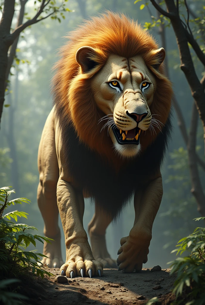 A mix of a lion and a dinosaur, a ferocious and scary dinosaur mix. Face of a dinosaur, which dinosaur and the face of a dinosaur, make it a little different. Face of a dinosaur and a gentle lion.