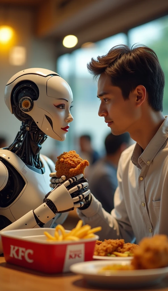 The young man was slightly surprised to see that the female robot could converse and interact with him like a close friend while they were enjoying KFC chicken.