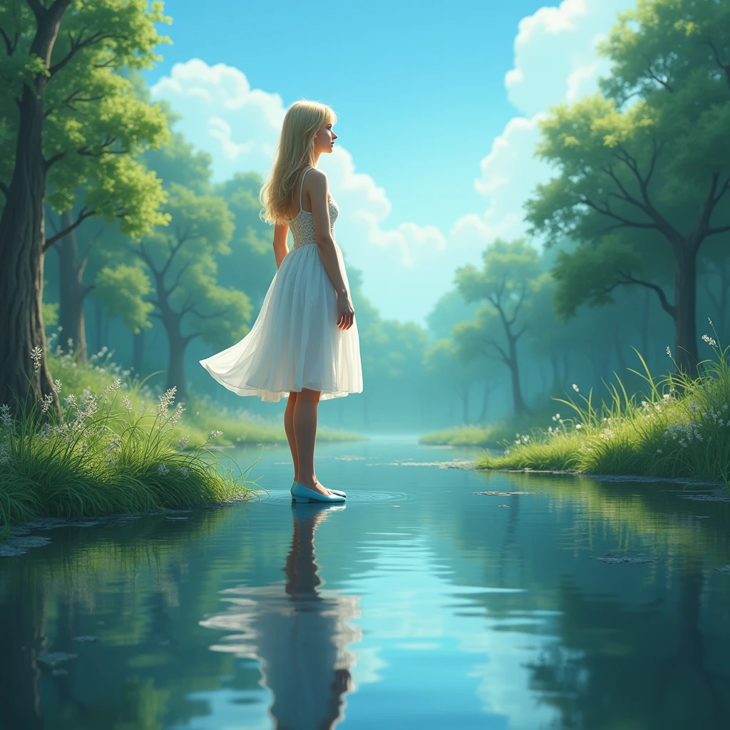 Forests and lakes、Sky blue top&A forest fairy standing by a lake in a white dress with a see-through bottom、Feathers are not necessary.、Blonde Hair、The line from the waist to the hips is prominent。Backwards、Sky blue heels