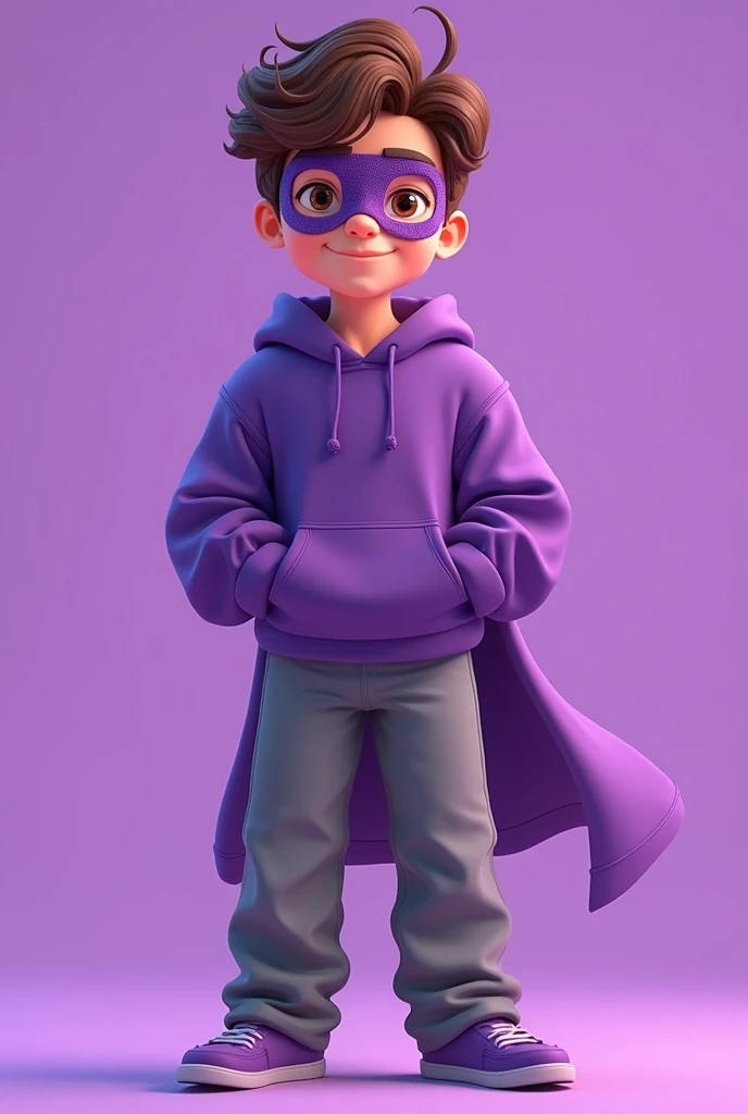 a male cartoon character with brown eyes, loose gray pants and a purple hoodie, with a purple Spiderman mask, with purple shoes and a solid purple background