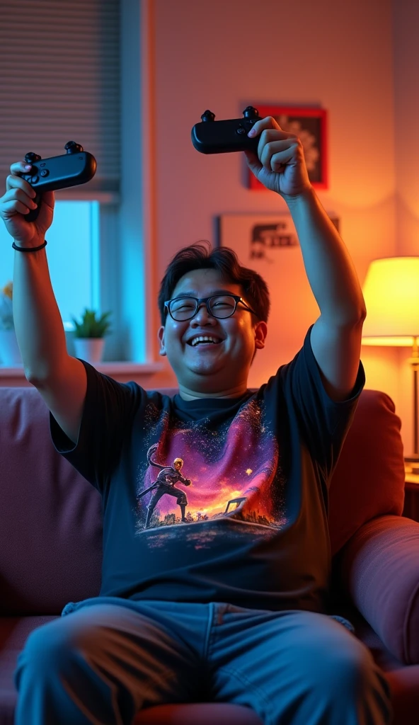 photorealistic, best quality, masterpiece, extremely detailed, ((side view)), slightly chubby, 30 year old borneo man, no facial hair, glasses, wearing 8bit graphic tshirt, holds a video game console controller in right hand, both hands in the air, celebrating, sitting on couch, in fun bedroom, movie posters on the wall, extremely romantic atmosphere, perfect face, perfect fingers, perfect hands, perfection