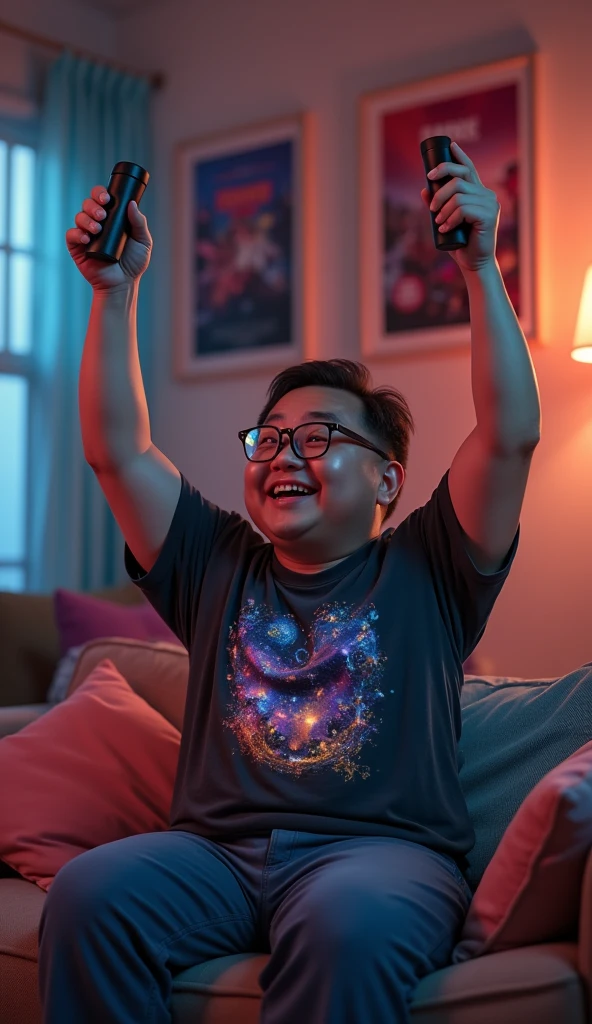 photorealistic, best quality, masterpiece, extremely detailed, ((side view)), slightly chubby, 30 year old borneo man, no facial hair, glasses, wearing 8bit graphic tshirt, holds a video game console controller in right hand, both hands in the air, celebrating, sitting on couch, in fun bedroom, movie posters on the wall, extremely romantic atmosphere, perfect face, perfect fingers, perfect hands, perfection