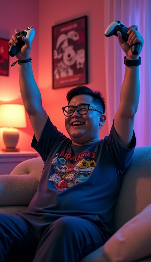 photorealistic, best quality, masterpiece, extremely detailed, ((side view)), slightly chubby, 30 year old borneo man, no facial hair, glasses, wearing 8bit graphic tshirt, holds a video game console controller in right hand, both hands in the air, celebrating, sitting on couch, in fun bedroom, movie posters on the wall, extremely romantic atmosphere, perfect face, perfect fingers, perfect hands, perfection