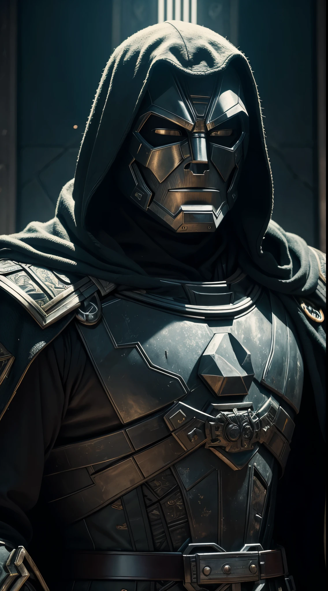 doctor doom, 35mm lens, photography, ultra-detailed, HDR, UHD, 8K, portraits, iconic metal mask, intricate armor, dynamic pose, dramatic lighting