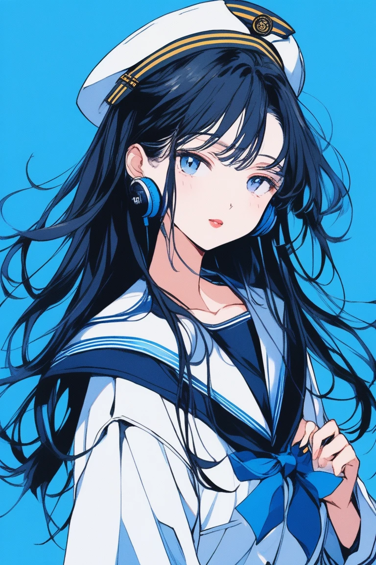 ((masterpiece,Highest quality)), 8k, anime , Realistic ,sketch, anime風のポートレート, 黒猫を連れたanimeの女性, 20-year-old, Blue gradient background, High school girl sailor uniform, Neon medium length hair, lip, Wear headphones, Texture Trim, Japanese, Upper Body, (masterpiece,Highest quality)