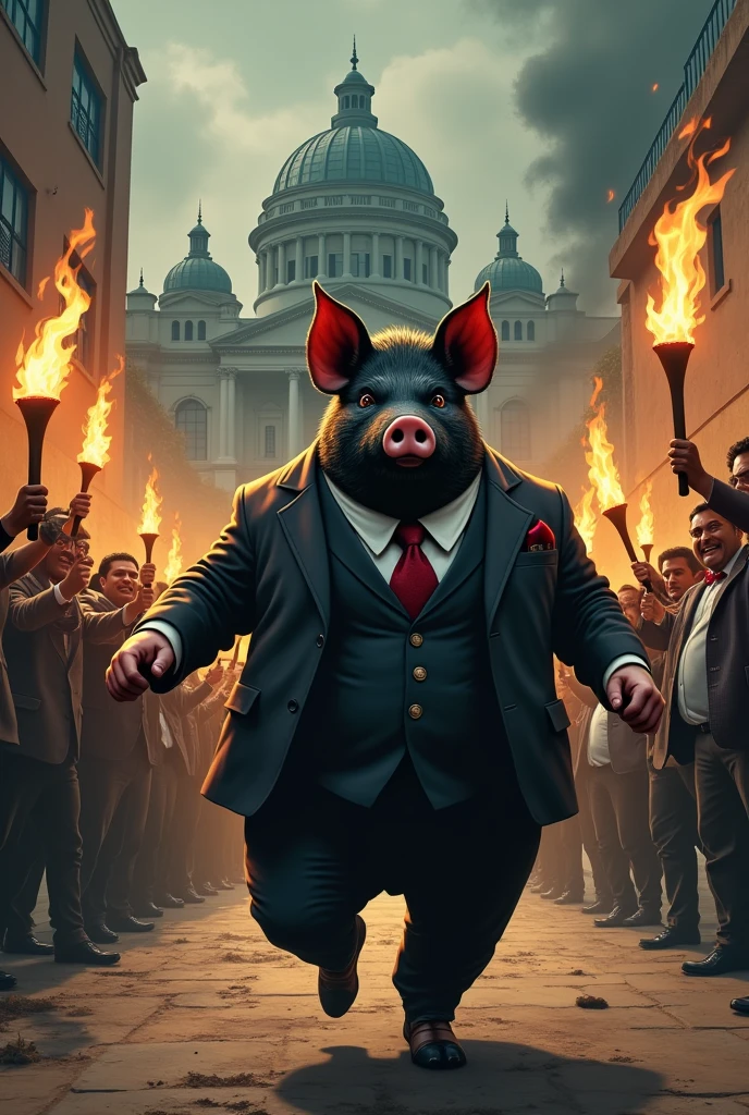 A fat, black pig wearing a formal suit is running and being chased by many people carrying torches to burn it in front of the Guatemalan Congress.