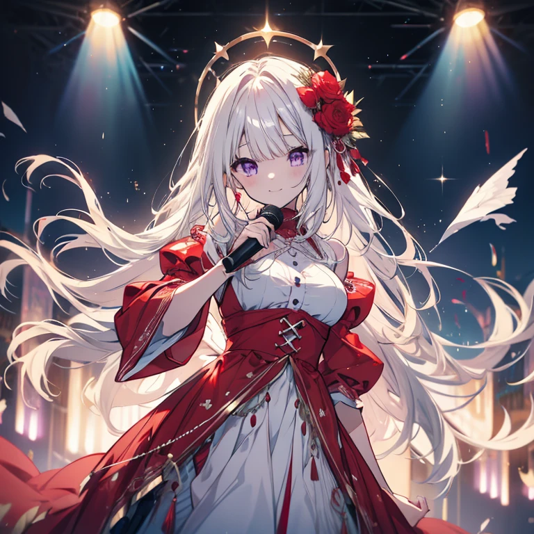 1 person、Mature、Ample breasts、Long Hair、White Hair、Straight Hair、Trimmed bangs、Hime cut、Purple Eyes、Elegant smile、Gorgeous Dress、Delicate、Fleeting、Wine Red Dress、See-through sleeves、Diva、Hold the microphone、Raise one hand、sing、Live Performance Venues、Spotlight、Excited audience、Many penlights、High resolution、Highest quality