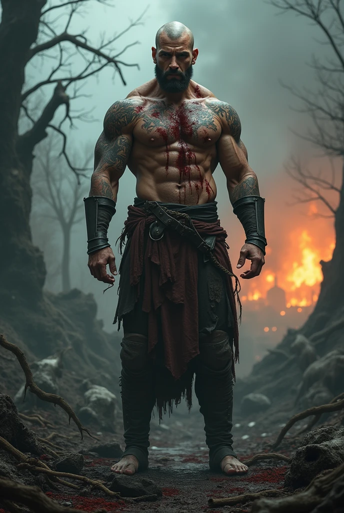 350463809 sexy warrior, Unclothed, in a gloomy environment, devastated forest, ultra realisitic, 8k, detailed skin and face with very detailed blood, village in the background on fire