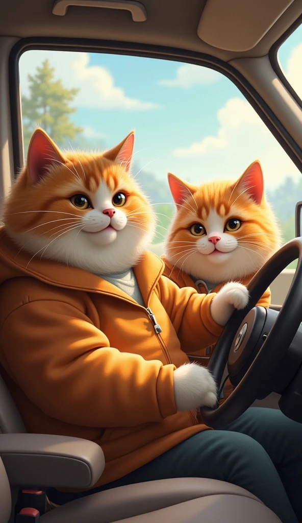 A pair of cute, chubby cats with thick, fluffy fur are in a car, with the male cat behind the wheel, focused on driving, while the female cat sits comfortably and relaxed beside him. Both are dressed in casual, human-like clothing, with the male cat looking determined and the female cat appearing cozy and content. The scene captures a charming and whimsical moment between the two cats as they enjoy their drive together.