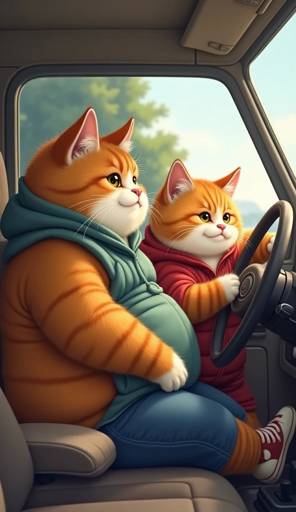 A pair of cute, chubby cats with thick, fluffy fur are in a car, with the male cat behind the wheel, focused on driving, while the female cat sits comfortably and relaxed beside him. Both are dressed in casual, human-like clothing, with the male cat looking determined and the female cat appearing cozy and content. The scene captures a charming and whimsical moment between the two cats as they enjoy their drive together.