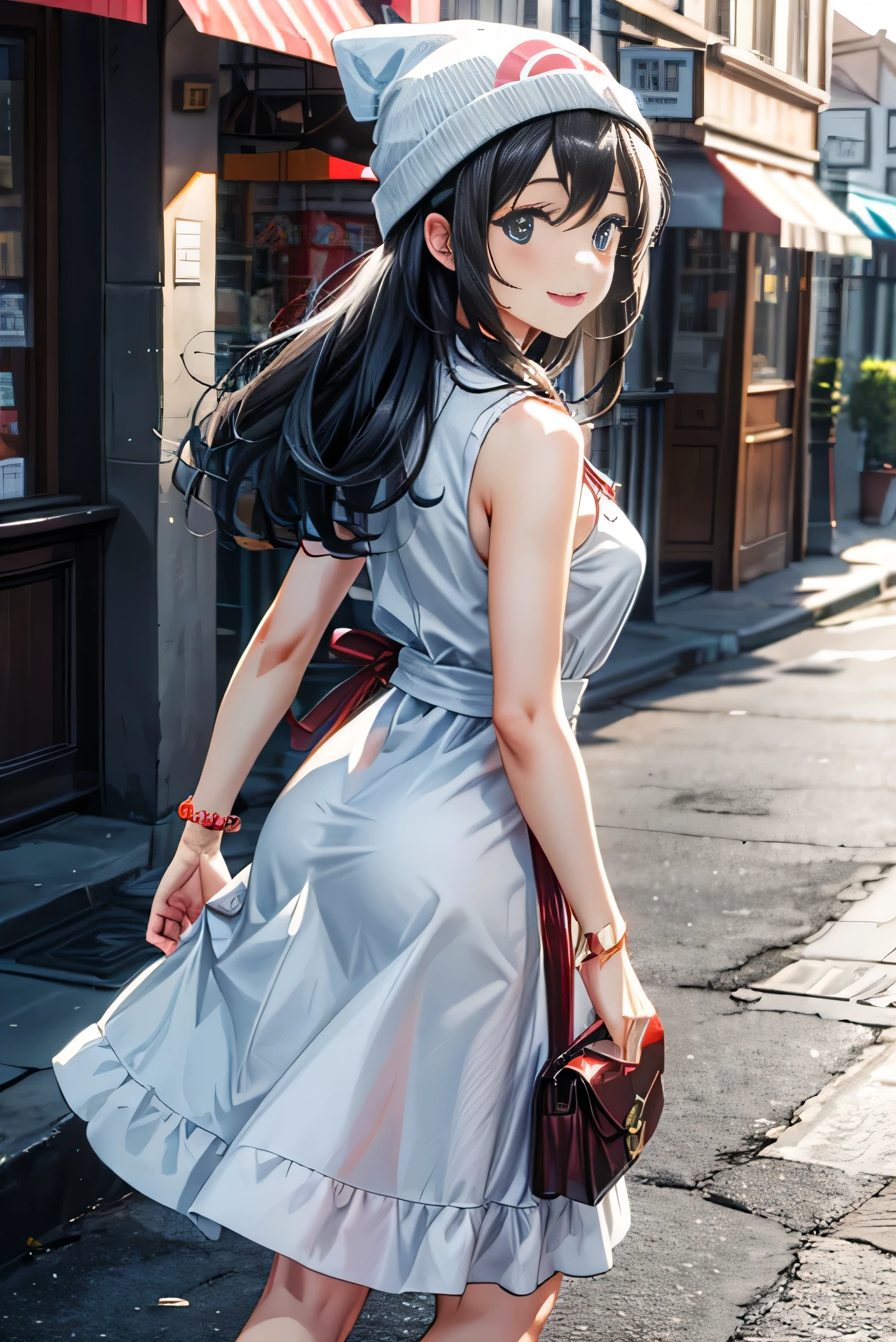 masterpiece,Highest quality,One person,dawn \(Pokemon\),Long Hair,blue eyes,Dark blue hair,Beanie,hairpin,smile,Open your mouth,(Close one eye:0.9),White sundress,Long dress,From behind,street,sunlight,town,(figure:0.8), (Beautiful attention to detail:1.6), Highly detailed face, Perfect lighting, Highly detailed CG, (Perfect hands, Perfect Anatomy), Whole body image, ((chest wide open and exposed)), (smile), Show the side,Are standing