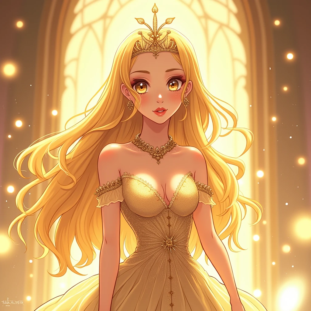 A beautiful goddess with golden shimmering hair, anime style, in a dazzling dress with a shining tiara