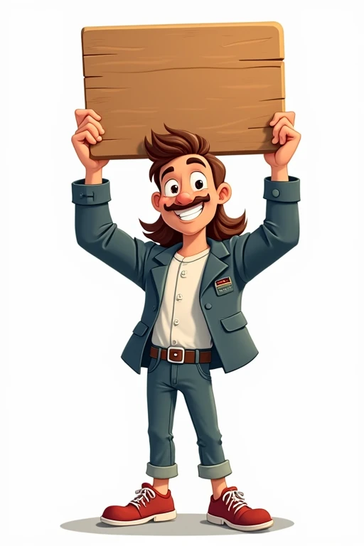 Cartoon of a well-dressed but fashionable teacher, high, Young man holding a wooden sign above his head that says 'Early Education' in an animated way with a white background. Change his hair to be longer.