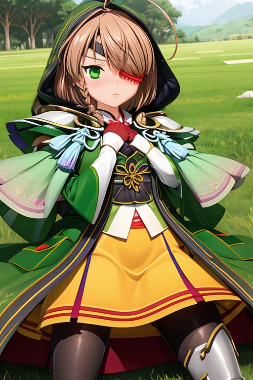 1adult woman, Flushed face, orgasm, Ecstasy face,open mouse and drooing, blush, Half-open eyes, Moist eyes, Exhale white breath,  lying on the grass, Open legs with own hands, yamamoto kansuke, light brown hair, short hair, single braid, hair over one eye, ahoge, eyepatch, green eyes,pantiehose,spread legs, camels toe, The whole body vibrates, outdoor,camp site,