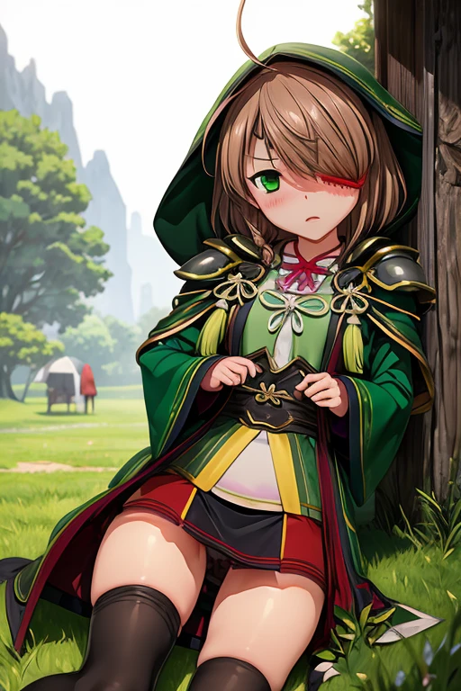 1adult woman, Flushed face, orgasm, Ecstasy face,open mouse and drooing, blush, Half-open eyes, Moist eyes, Exhale white breath,  lying on the grass, Open legs with own hands, yamamoto kansuke, light brown hair, short hair, single braid, hair over one eye, ahoge, eyepatch, green eyes,pantiehose,spread legs, camels toe, The whole body vibrates, outdoor,camp site,