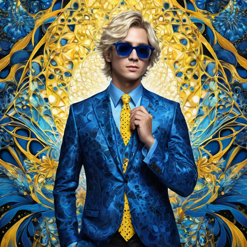 realist，（masterpiece，arriba Quority，Best Quality，official art，Beauty：1.2），He is very detailed，s fractal art，Color，more detailed，zentangle，（Abstract backgrounds：1.5）（1：1.3）,nanami，light blonde hair，Short detailed hair，（blue sunglasses ,tall and strong,blue shirt and yellow tie with black spots，Abistic，(posing holding glasses)，handsome man