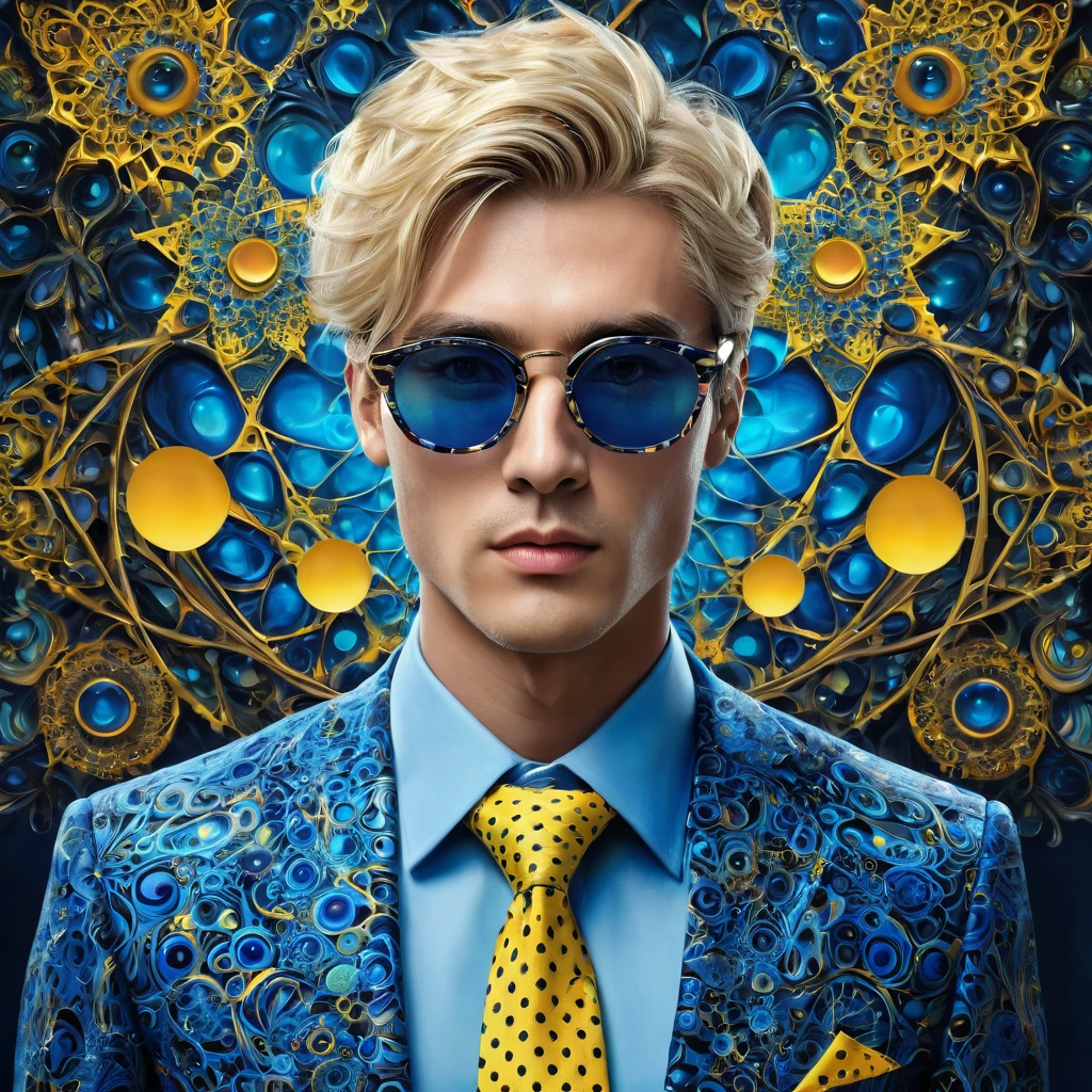 realist,(masterpiece,arriba Quority,Best Quality,official art,Beauty:1.2),He is very detailed,s fractal art,Color,more detailed,zentangle,(Abstract backgrounds:1.5)(1:1.3),nanami,light blonde hair,Short detailed hair,(blue sunglasses ,tall and strong,blue shirt and yellow tie with black spots,Abistic,(posing holding glasses),handsome man
