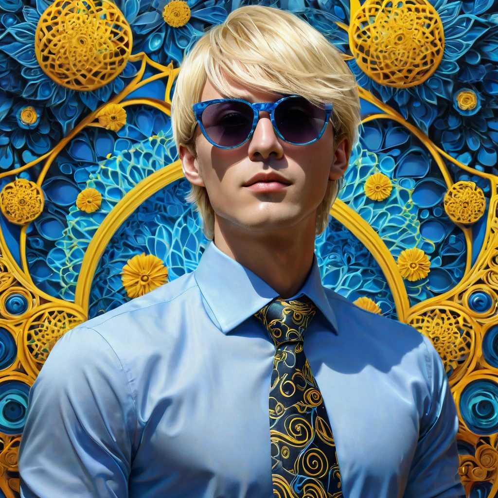 realist,(masterpiece,arriba Quority,Best Quality,official art,Beauty:1.2),He is very detailed,s fractal art,Color,more detailed,zentangle,(Abstract backgrounds:1.5)(1:1.3),nanami,light blonde hair,Short detailed hair,(blue sunglasses ,tall and strong,blue shirt and yellow tie with black spots,Abistic,(posing holding glasses),handsome man