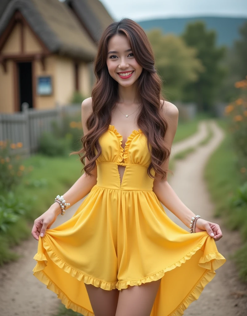 Brunette influencer, Cosplay as Belle outfit, down a dirt road with a cottage in the background, holding a book, pulling up her dress to reveal cute yellow thong panties, cute yellow dress, cute smile, taken with a Canon R5 F1.2
