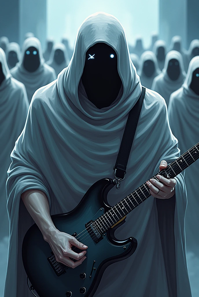 Blanket ghost with an X on his left eye muscular anime style with rock style top hat, with a guitar in his hand at the end of time along with his army in the background.