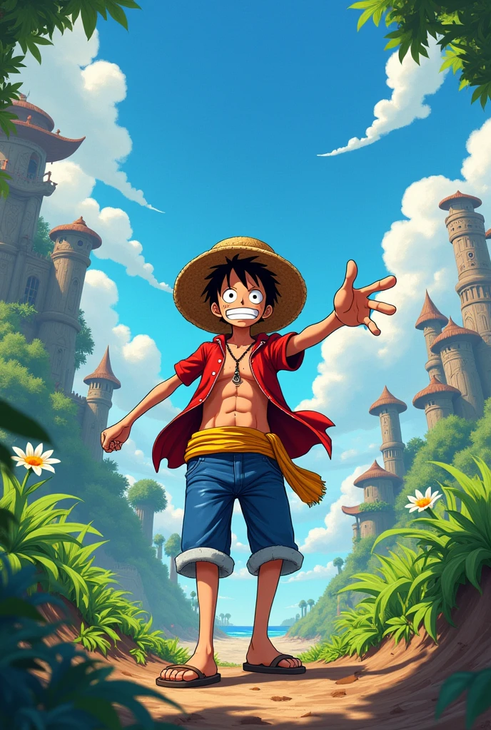 Create an image of Luffy written follow me