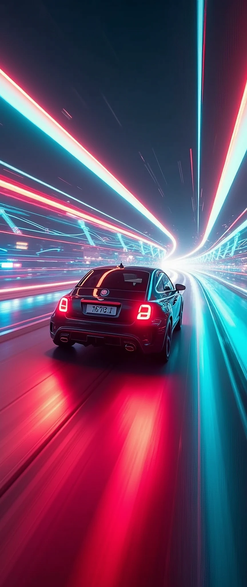 (masterpiece:1.2,Highest quality,Ultra-high resolution,Very detailed,Realistic,RAW Photos:1.2,Elaborate photos),8k,wallpaper,(Ray Tracing),(Future City:2.0),sf,cyber punk,(A future car inspired by the Fiat 500:1.9),(Dynamic angle from the rear of the aircraft),night,(Rainbow-colored guiding lights:2.0),(The vehicle races through a tunnel of light in the air at high speed:2.0),(Motion Blur)
