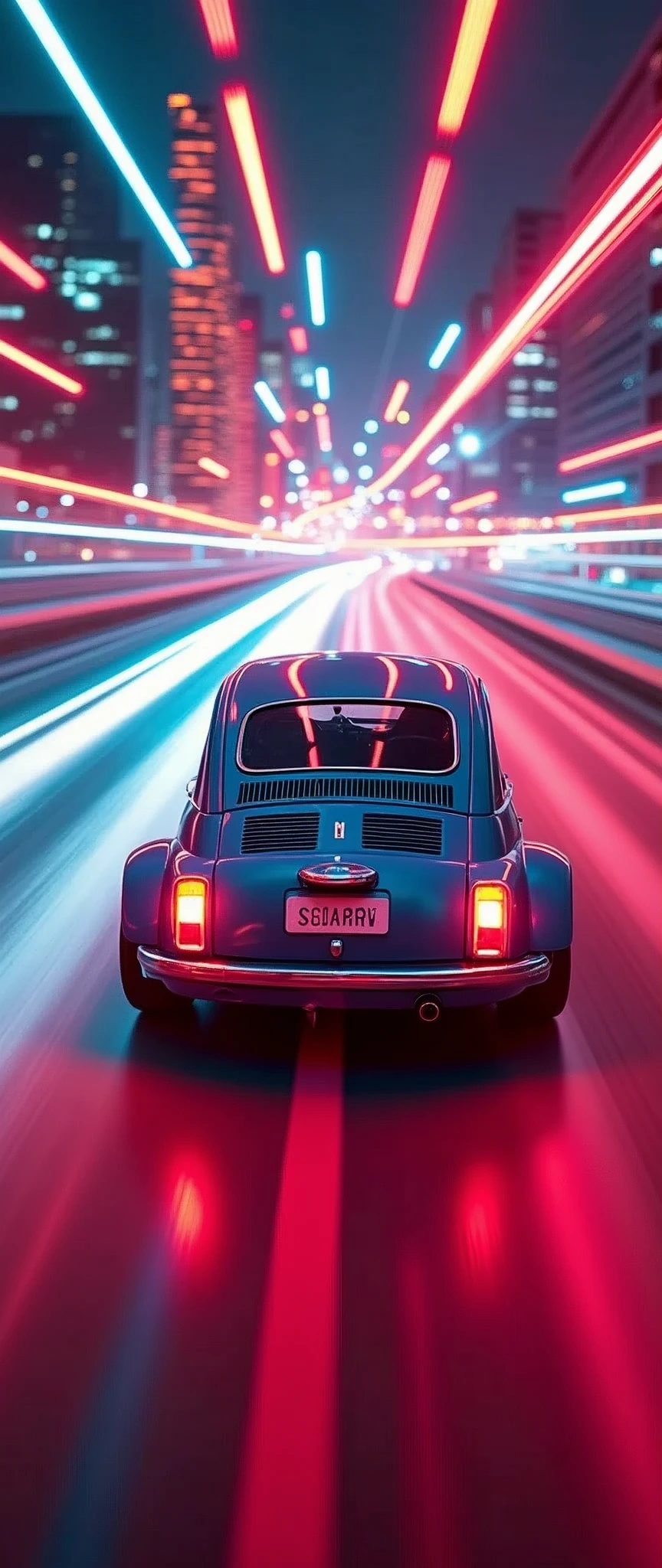 (masterpiece:1.2,Highest quality,Ultra-high resolution,Very detailed,Realistic,RAW Photos:1.2,Elaborate photos),8k,wallpaper,(Ray Tracing),(Future City:2.0),sf,cyber punk,(A future car inspired by the Fiat 500:1.9),(Dynamic angle from the rear of the aircraft),night,(Rainbow-colored guiding lights:2.0),(The vehicle races through a tunnel of light in the air at high speed:2.0),(Motion Blur)