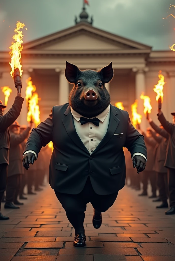 A fat, black pig wearing a formal suit is running and being chased by many people carrying torches to burn it in front of the Guatemalan Congress.