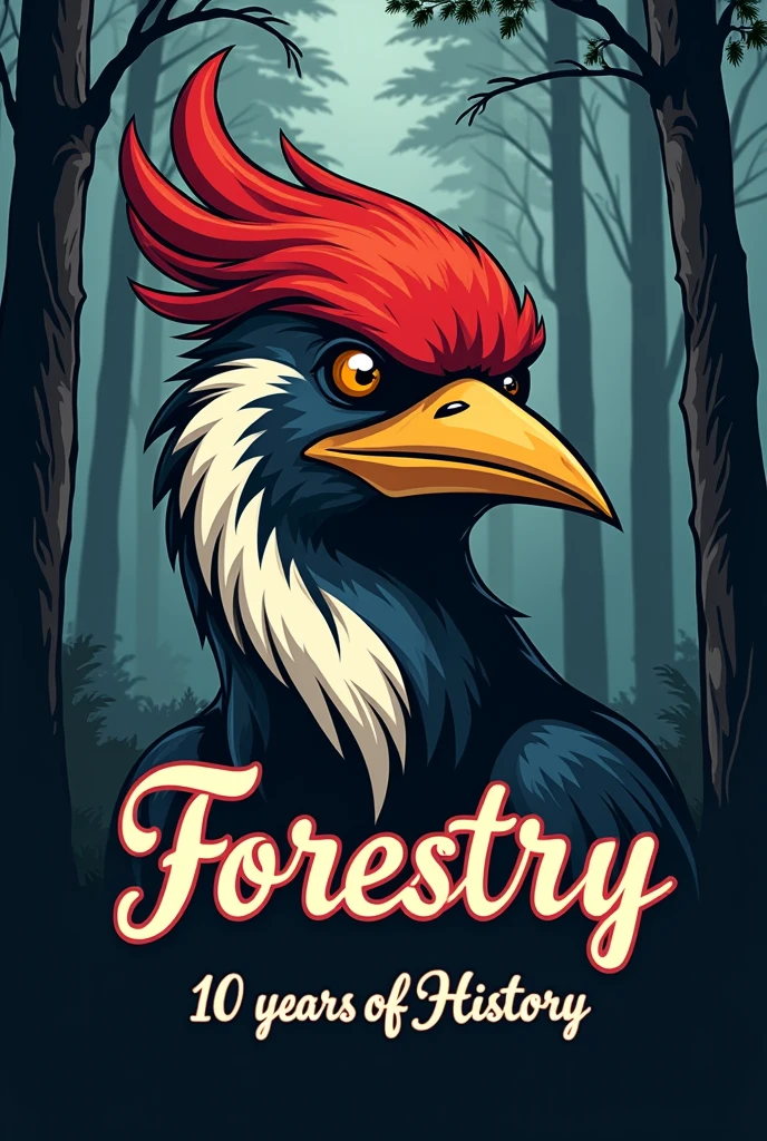 A cartoon illustration of a woodpecker's face, with an aggressive visual, to be used as a vest patch for a forestry engineering athletic team. Put trees in the background and make an illustration in darker tones. The illustration must contain the writing "Forestry" above the woodpecker, and the writing "10 years of History" below the woodpecker