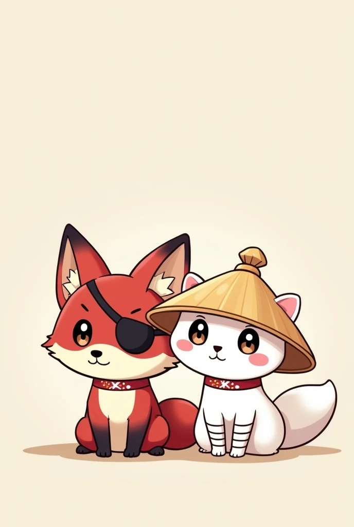 a chibi anime cartoon drawing of a white ferret wearing a Chinese straw hat, with white bands around the front legs and one around the neck. Alongside a dark red fox wearing a black eye patch on its left eye