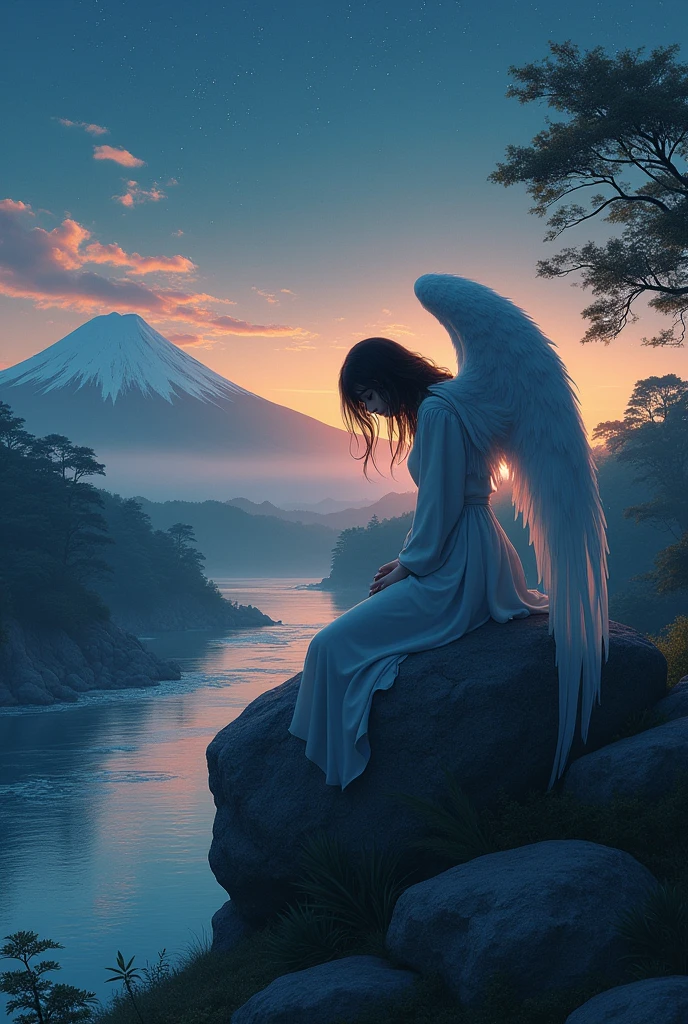 a sad angel, sitting on a large rock on the river bank at dusk, mt.fuji, Starry sky