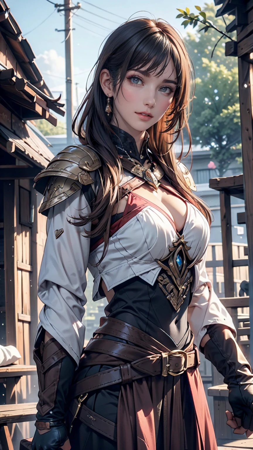 Lapisfe, One person, alone, View your viewers, blush, bangs, gloves, Upper Body, Braiding, hair band, Outdoor, Lips parted, null, Day, Raise your hand, Pink Eyes, armor, wood, Covered navel, Blurred Background, Place your hand on your chest, shoulder armor, side Braiding, breastplate, red armor