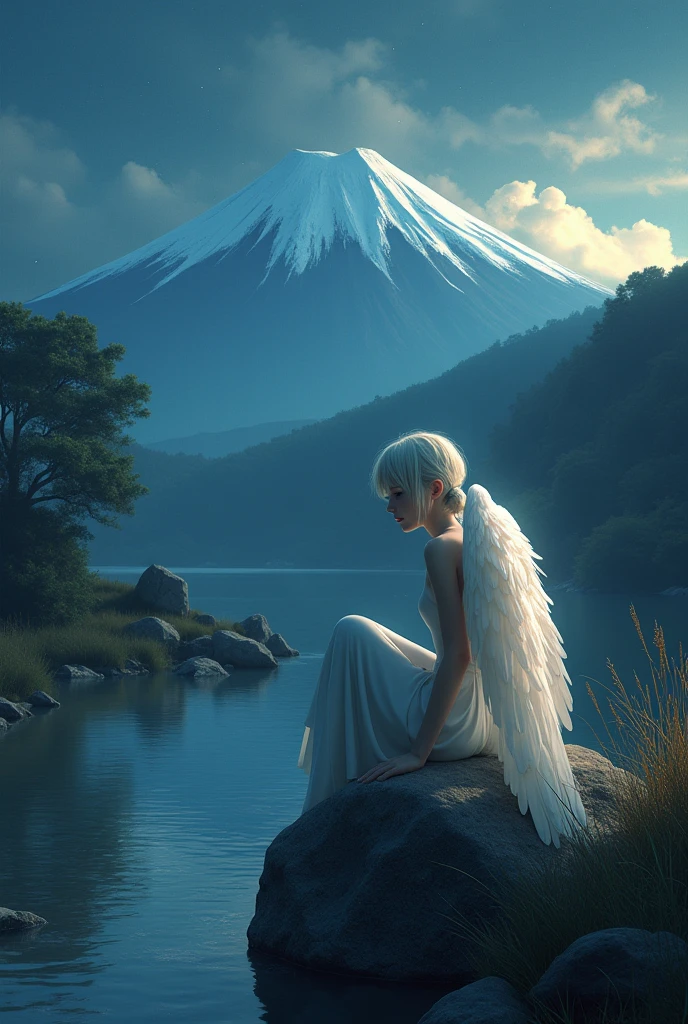 a sad angel, sitting on a large rock on the river bank at dusk, mt.fuji, starry sky, photo-realistic, digital art, cinematic lighting, dramatic, detailed face and wings, ethereal, moody atmosphere, intricate details, vibrant colors, seamless composition, muted color palette, glowing aura, dramatic shadows, mystical, serene landscape