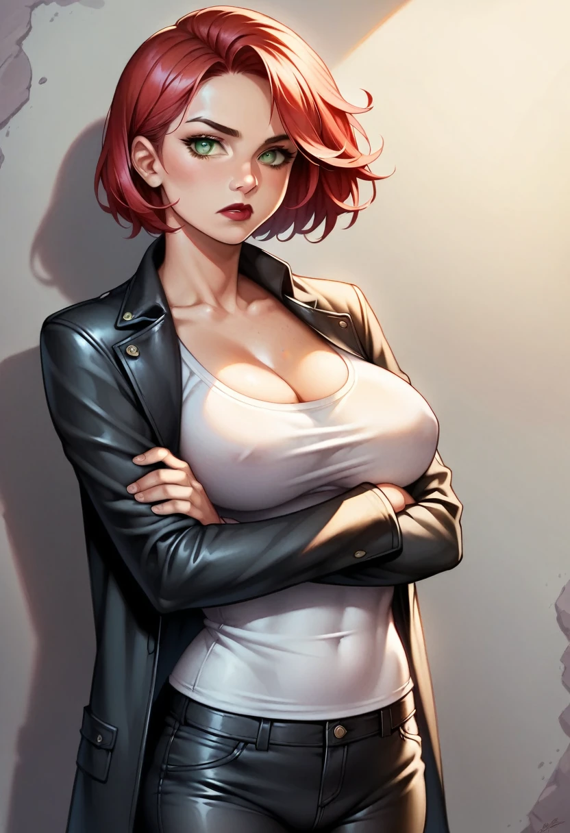 (high-level image quality), (high quality), (high resolution), (detailed), (masterpiece), beautiful woman, ((caucasian)), green eyes, red hair, short hair, dark red lipstick, busty, slender body, Detailed eyes, perfect eyes, Detailed face, portrait, serious, leather pants, black coat, crossed arms