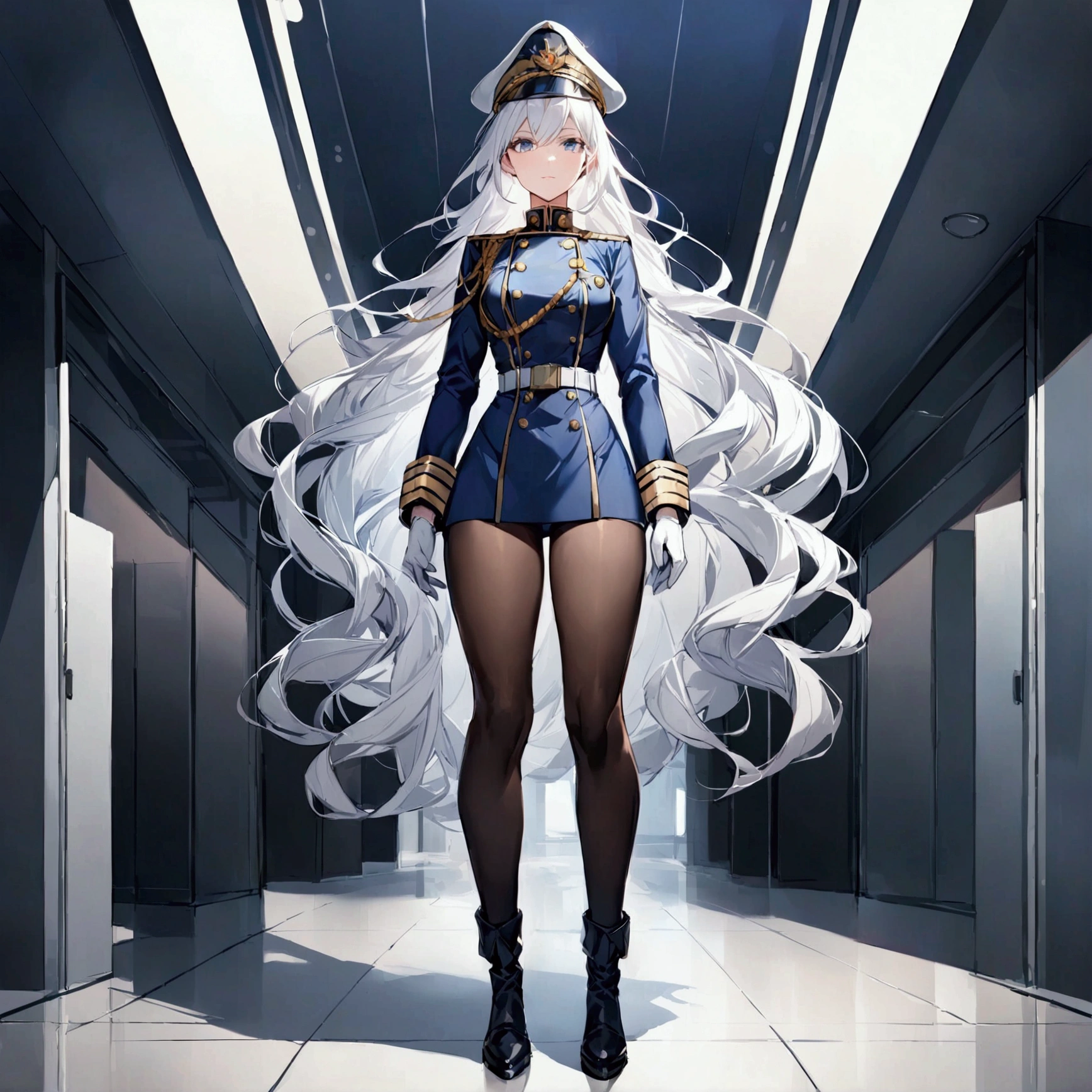 Office background, Military uniform, dark blue uniform, white glove, military cap, 1girl, white hair, shining hair, medium breast, full body shot, facing viewer,