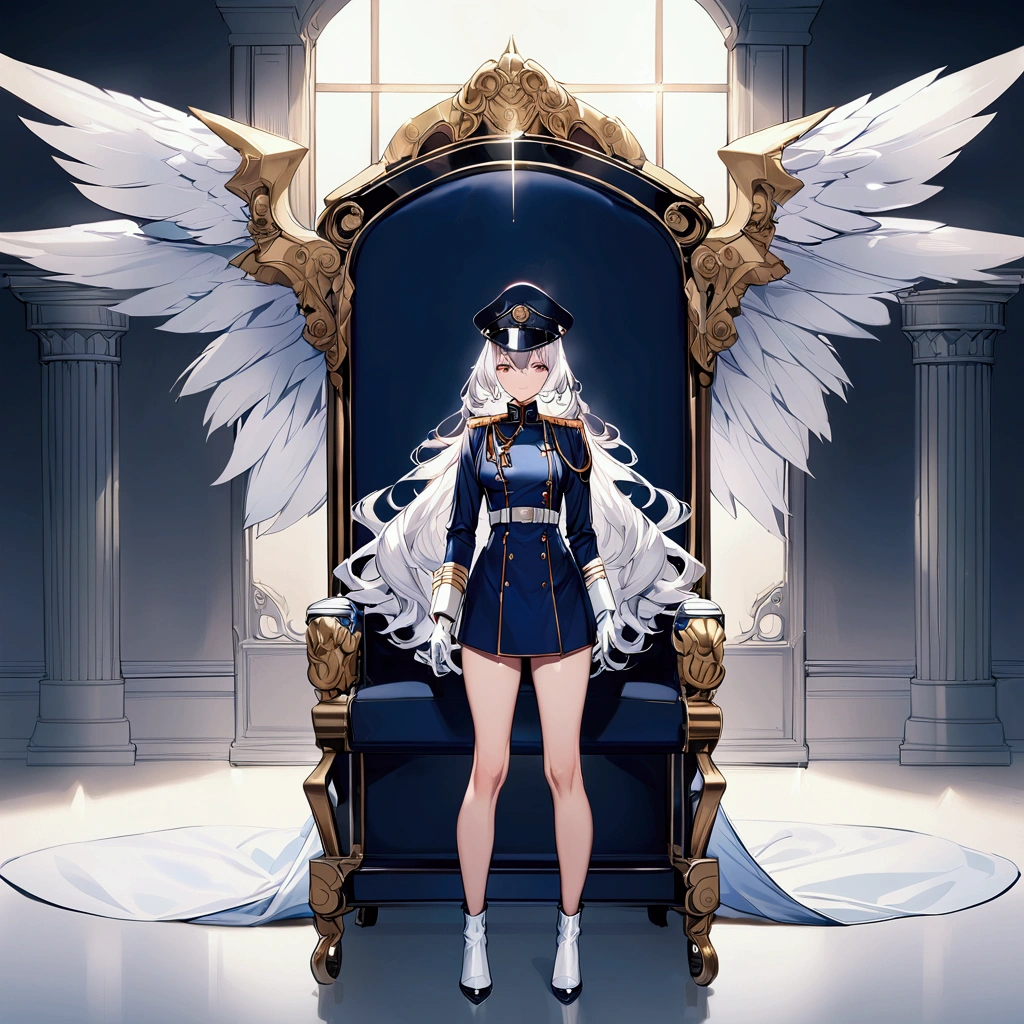 Office background, Military uniform, dark blue uniform, white glove, military cap, 1girl, white hair, shining hair, medium breast, full body shot, facing viewer,