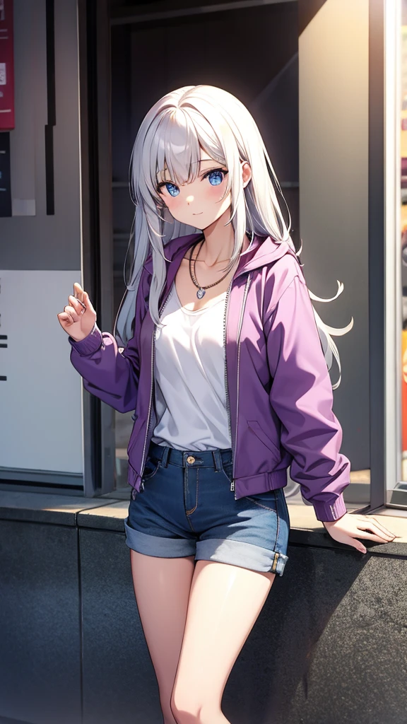Mio_Yowane(Original Character), 1girl, Long hair, Blue eyes, white hair, Pink shirt, grey jacket, purple denim shorts, necklace with a red pearl