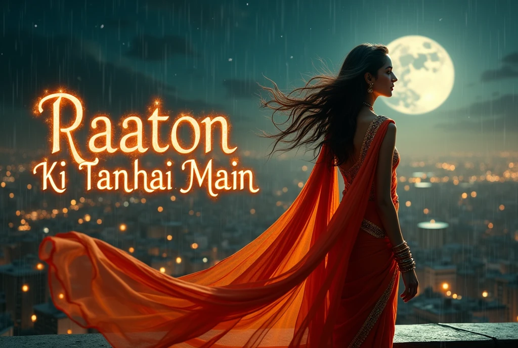 **Bollywood Style Thumbnail Prompt:**
Design a dramatic Bollywood-style thumbnail for the song "Raaton Ki Tanhai Main." The scene should feature a glamorous female lead in traditional attire, perhaps a saree, standing on a beautifully lit rooftop at night. The background should include a sprawling cityscape with glittering lights under a starry sky, emphasizing the grandeur of Bollywood. The moon shines brightly, casting a soft glow on the lead character, who gazes into the distance with a mix of longing and melancholy. Her expression should convey deep emotion, reflecting the solitude of the night. Add elements like flowing dupattas, wind-swept hair, or gentle rain for added drama.
The title "Raaton Ki Tanhai Main" should be in bold, golden Bollywood-style typography, with a slight glow or sparkle effect, placed at the bottom or center. The color palette should include rich, warm tones like golds, reds, and deep blues, enhancing the cinematic feel. The overall look should be both glamorous and emotional, capturing the essence of a classic Bollywood night-time song.