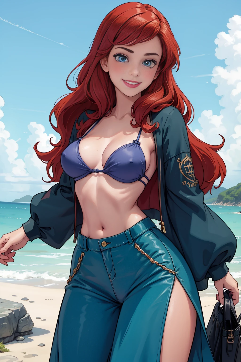 on beach, bikini, thong, cleavage, cute face, red hair, blue eyes, (perfect anatomy:1.5), sexy, smile, sexy pose