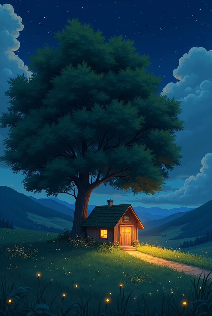 masterpiece!!!! 8k an anime GHIBLI STYLE cabin!!!!! The image shows a serene night scene of a house under a tree, hills, golden clouds, anime lighting, 8k fireflies, grass, night, golden leaves, anime style ghibli, under tree, boil a night sky, clouds animated lighting!!!!!! and shadow, Firefly