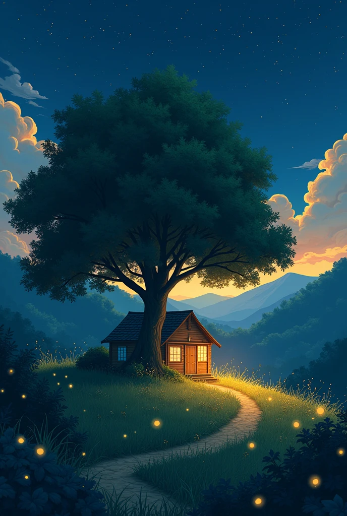masterpiece!!!! 8k an anime GHIBLI STYLE cabin!!!!! The image shows a serene night scene of a house under a tree, hills, golden clouds, anime lighting, 8k fireflies, grass, night, golden leaves, anime style ghibli, under tree, boil a night sky, clouds animated lighting!!!!!! and shadow, Firefly